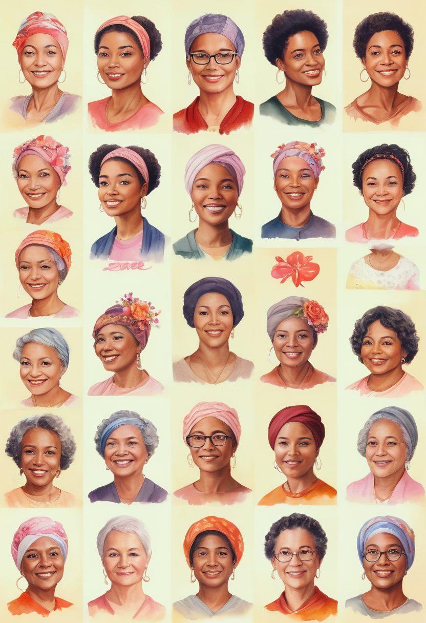 A collage of diverse cancer survivors sharing their inspiring stories, featuring vibrant portraits of people of various ages and backgrounds. Include symbols of hope, such as ribbons and blooming flowers, intertwined with the faces. Create an uplifting atmosphere with warm colors and soft lighting, illustrating community and support. The background should suggest elements of advocacy, like news articles and supportive hands. watercolor painting. warm colors. uplifting mood.