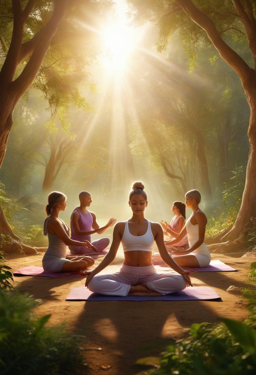 A serene scene depicting a diverse group of people engaged in various holistic wellness activities such as yoga, meditation, and healthy cooking, surrounded by nature. Include symbols of support like ribbons or community hands coming together. Soft, warm lighting to evoke a sense of hope and healing, while representing community and togetherness in the fight against cancer. super-realistic. vibrant colors. peaceful background.