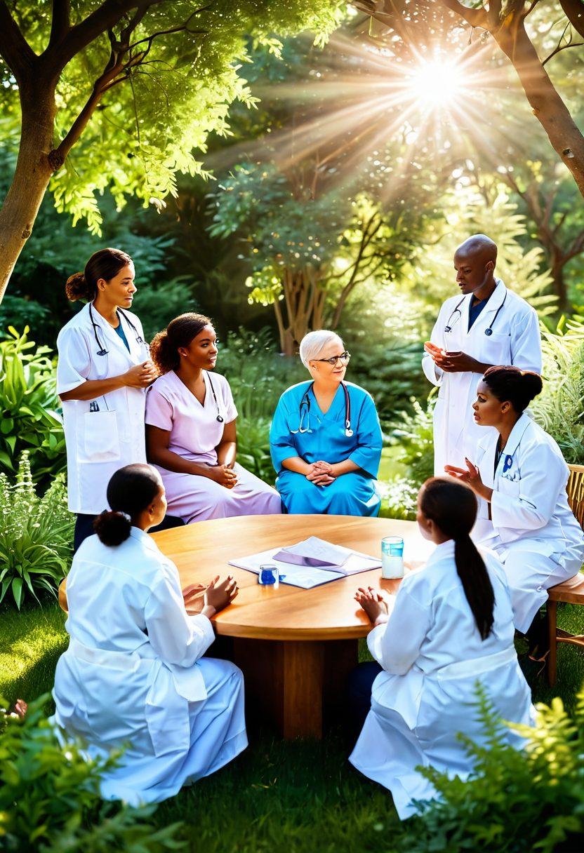 A serene and uplifting scene depicting a diverse group of healthcare professionals and cancer survivors engaging in a supportive discussion, surrounded by greenery and sunlight. Incorporate symbolic elements like healing crystals and a warm, glowing aura around individuals to represent empowerment and hope. The background should feature a calm, inviting landscape with soft colors that evoke tranquility and strength. super-realistic. vibrant colors. natural light.